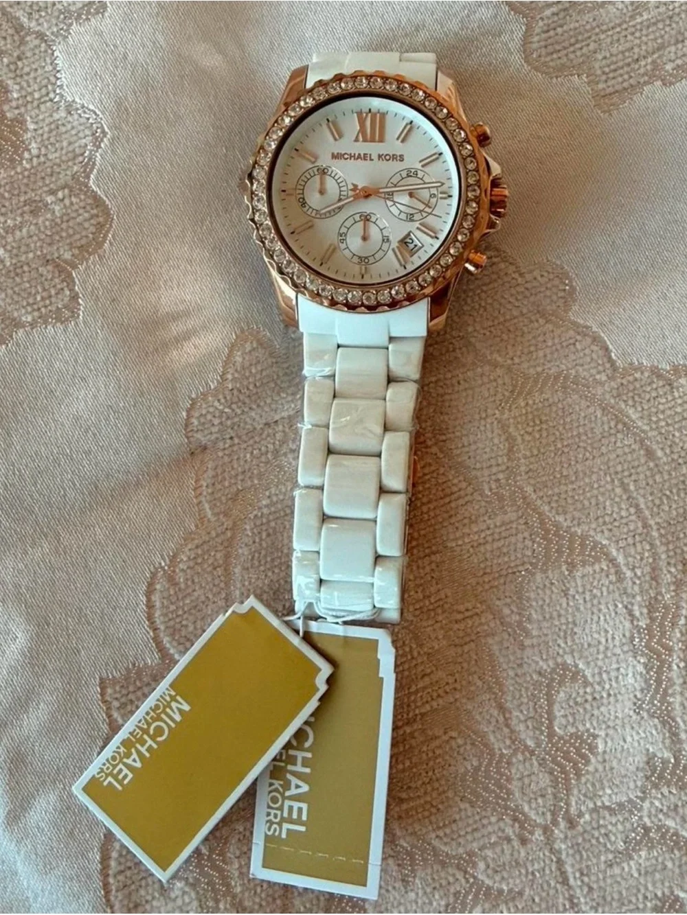 Michael Kors White and Rose Gold Crystal-Accent Chronograph Watch